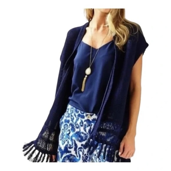 Lilly Pulitzer Bedford Cardigan Vest Navy fringe Size S/M - Picture 1 of 6